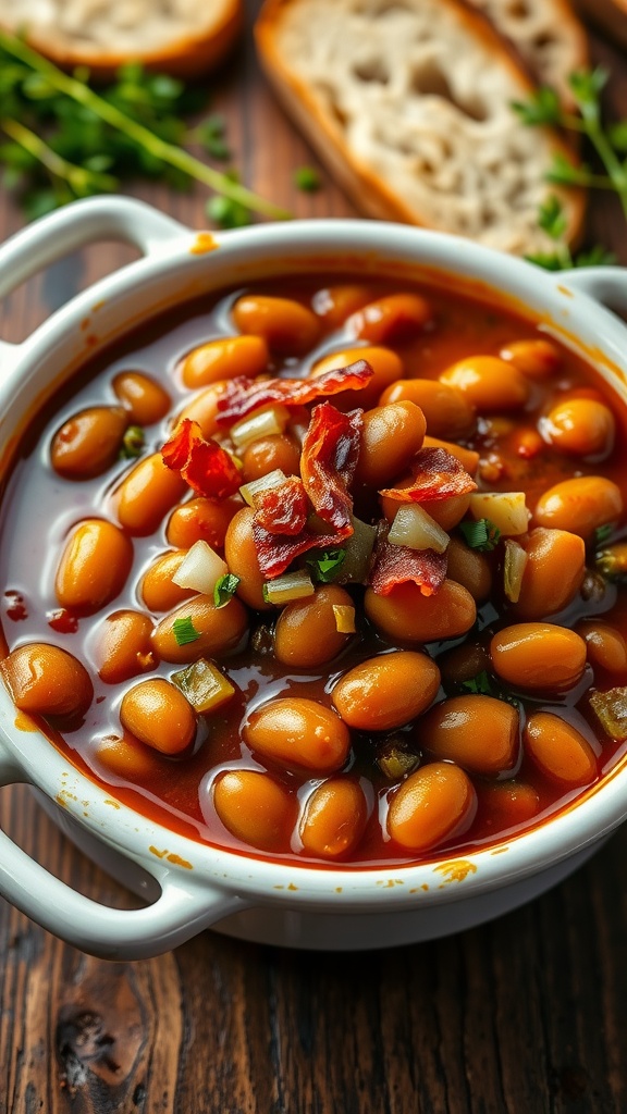 A serving of baked beans in a dish, garnished with onions and bacon, on a rustic wooden table.
